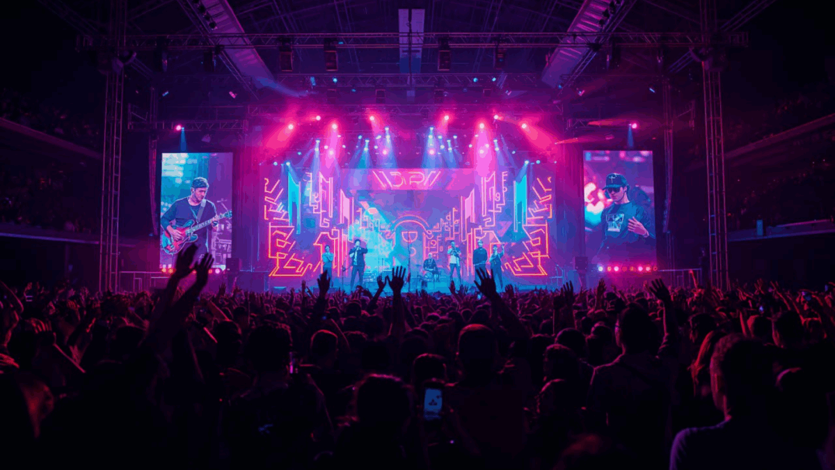 Konser musik multi-genre dengan pop, rock, jazz, dangdut, EDM, hip-hop, dan K-pop dalam satu panggung penuh warna.