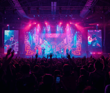 Konser musik multi-genre dengan pop, rock, jazz, dangdut, EDM, hip-hop, dan K-pop dalam satu panggung penuh warna.