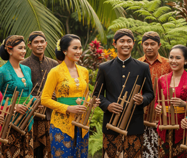 "Grup pemain Angklung tradisional Indonesia"