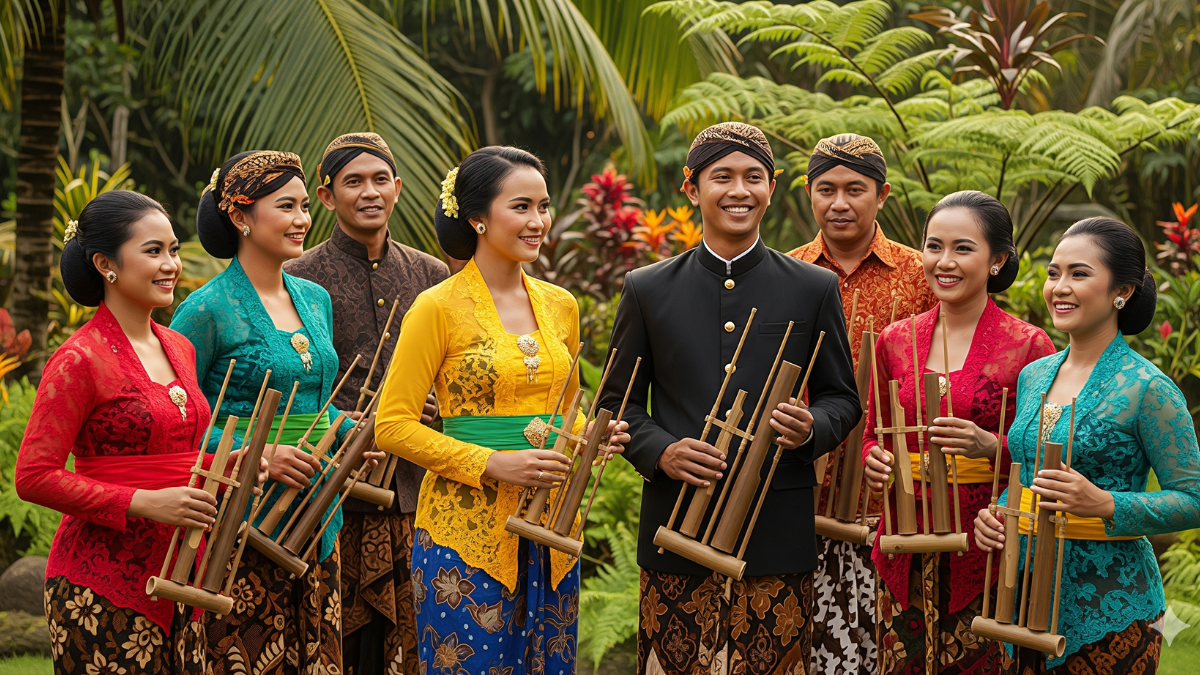 "Grup pemain Angklung tradisional Indonesia"