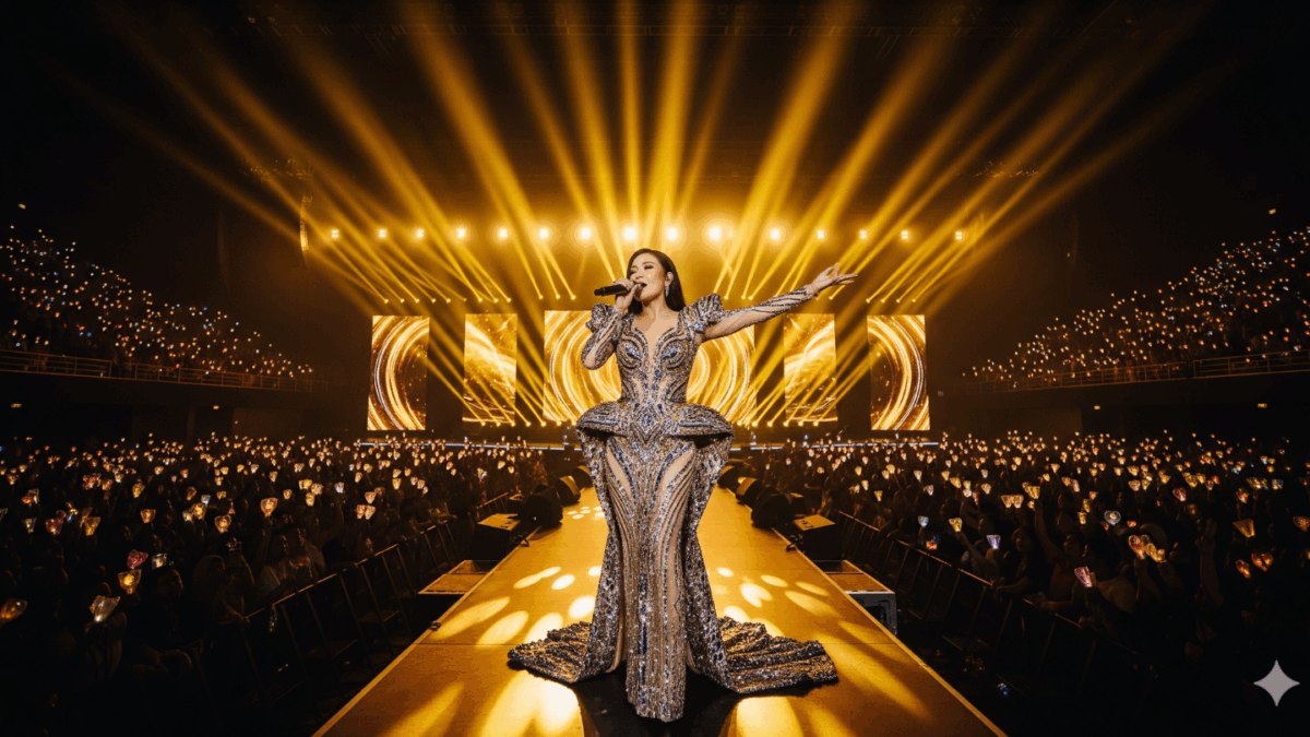 Penyanyi pop Indonesia tampil glamor di panggung konser megah dengan lampu sorot emas