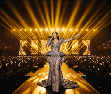 Penyanyi pop Indonesia tampil glamor di panggung konser megah dengan lampu sorot emas