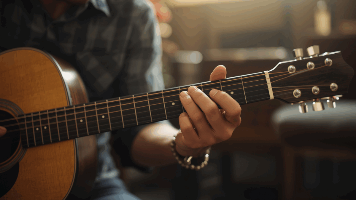 Guru gitar menunjukkan chord G pada gitar akustik kepada pemula.