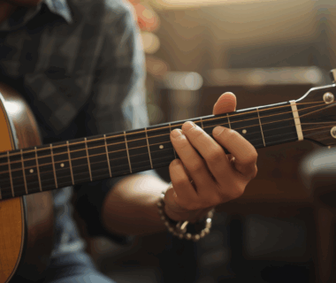 Guru gitar menunjukkan chord G pada gitar akustik kepada pemula.