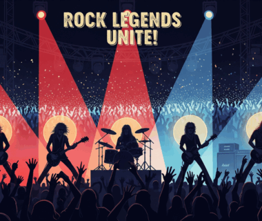 Poster ilustrasi retro lima band legendaris tampil di panggung konser penuh cahaya.Poster ilustrasi retro lima band legendaris tampil di panggung konser penuh cahaya.