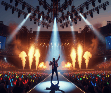 Penyanyi terkenal tampil di panggung konser dengan sorotan cahaya dan ribuan penonton.