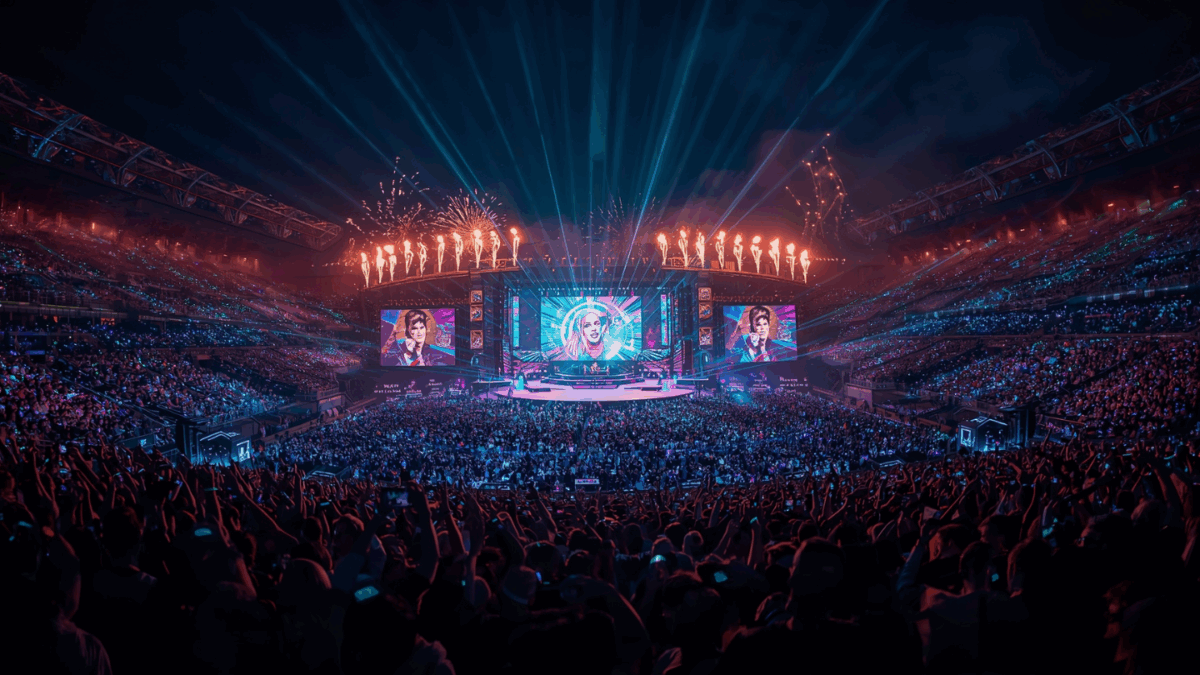 Panggung konser megah dengan cahaya laser, ribuan penonton, dan kembang api di langit malam.