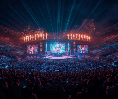 Panggung konser megah dengan cahaya laser, ribuan penonton, dan kembang api di langit malam.