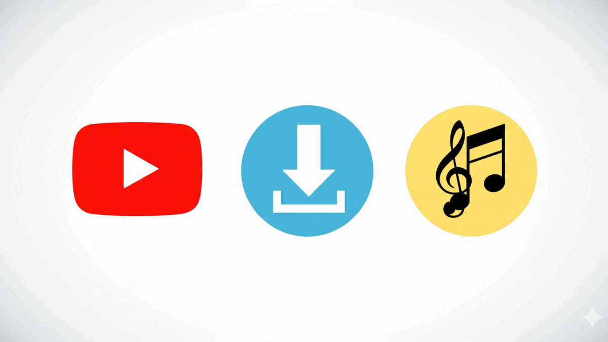 Infografis ikon YouTube dengan simbol download dan not musik