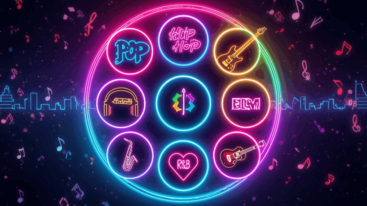 Ikon digital sembilan genre lagu populer di platform streaming dengan nuansa neon.