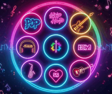 Ikon digital sembilan genre lagu populer di platform streaming dengan nuansa neon.