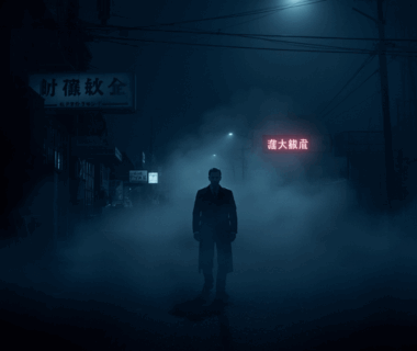 Siluet pria berdiri di jalan berkabut dengan cahaya neon misterius.
