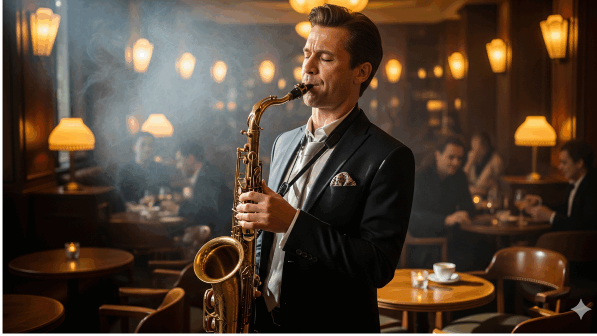 Musisi jazz memainkan saksofon di kafe klasik dengan cahaya hangat.