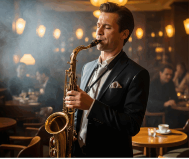 Musisi jazz memainkan saksofon di kafe klasik dengan cahaya hangat.