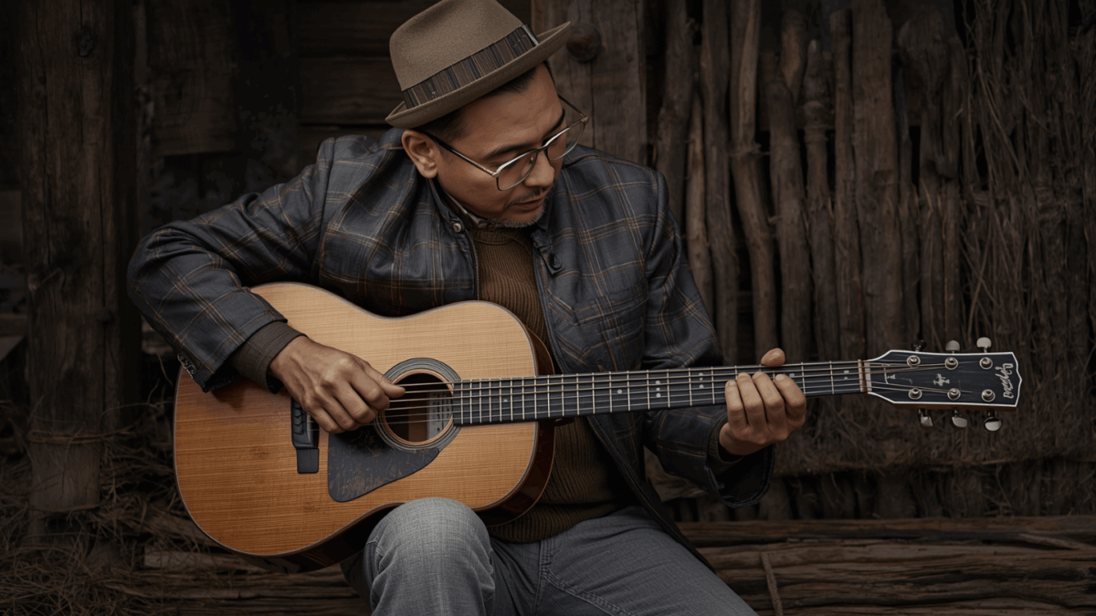 Musisi blues tua memainkan gitar resonator di teras kayu saat senja