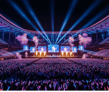 Konser Kpop megah dengan ribuan lightstick warna-warni di stadion dunia