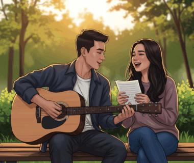 Ilustrasi dua anak muda Indonesia bernyanyi dengan gitar akustik di taman saat matahari terbenam.