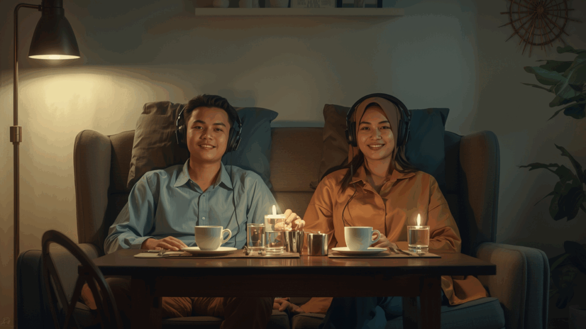Orang duduk santai dengan headphone menikmati musik relaksasi