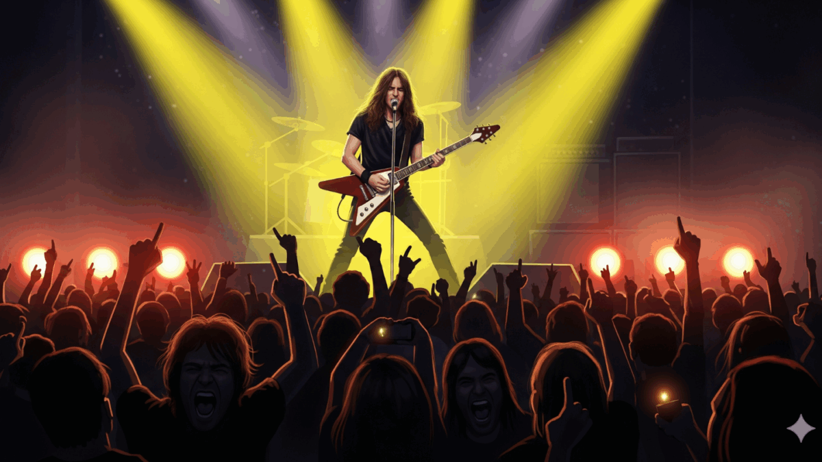 Seorang gitaris rock tampil di atas panggung dengan lampu sorot kuning.