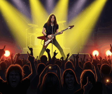 Seorang gitaris rock tampil di atas panggung dengan lampu sorot kuning.