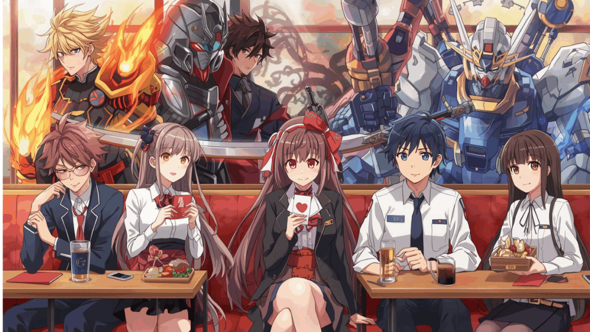 Ilustrasi anime tujuh karakter mewakili genre anime populer duduk bersama di kafe Jepang.