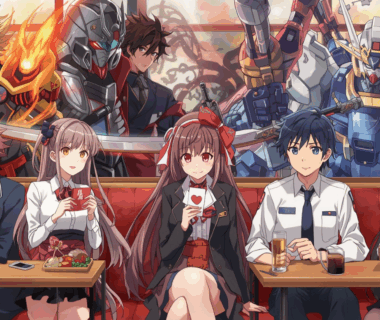 Ilustrasi anime tujuh karakter mewakili genre anime populer duduk bersama di kafe Jepang.