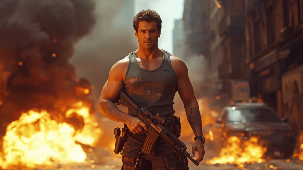 Pahlawan film action klasik berdiri di tengah ledakan kota dengan ekspresi penuh keberanian.