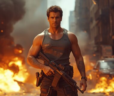 Pahlawan film action klasik berdiri di tengah ledakan kota dengan ekspresi penuh keberanian.