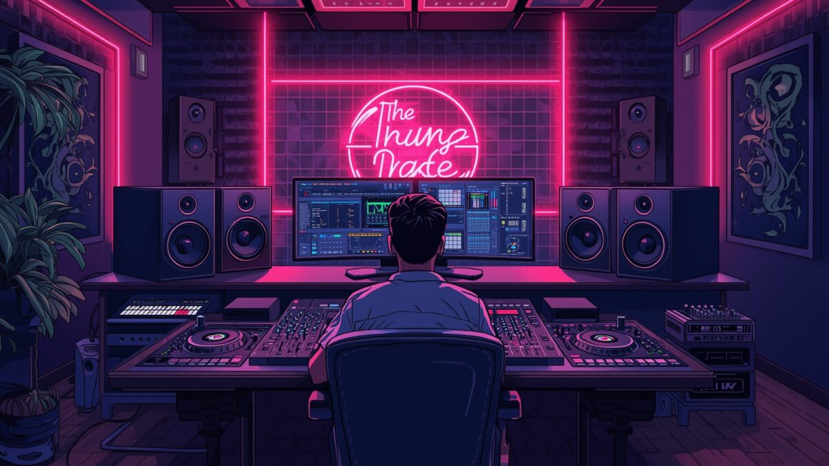 Produser musik sedang bekerja di studio modern dengan pencahayaan neon, mengatur mixer dan monitor audio untuk menciptakan album trending.