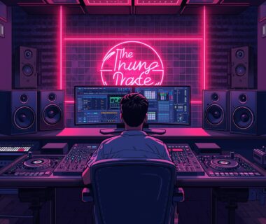 Produser musik sedang bekerja di studio modern dengan pencahayaan neon, mengatur mixer dan monitor audio untuk menciptakan album trending.