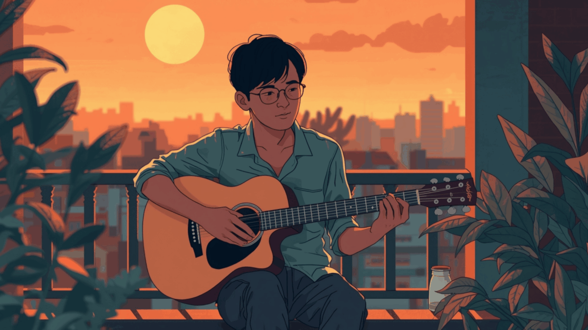 Anak muda bermain gitar di balkon saat senja, dengan secangkir kopi di meja, menggambarkan suasana hangat dan tenang khas musik indie senja.