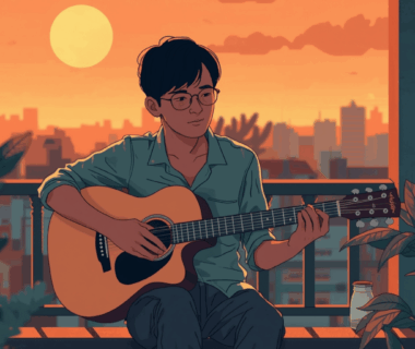 Anak muda bermain gitar di balkon saat senja, dengan secangkir kopi di meja, menggambarkan suasana hangat dan tenang khas musik indie senja.