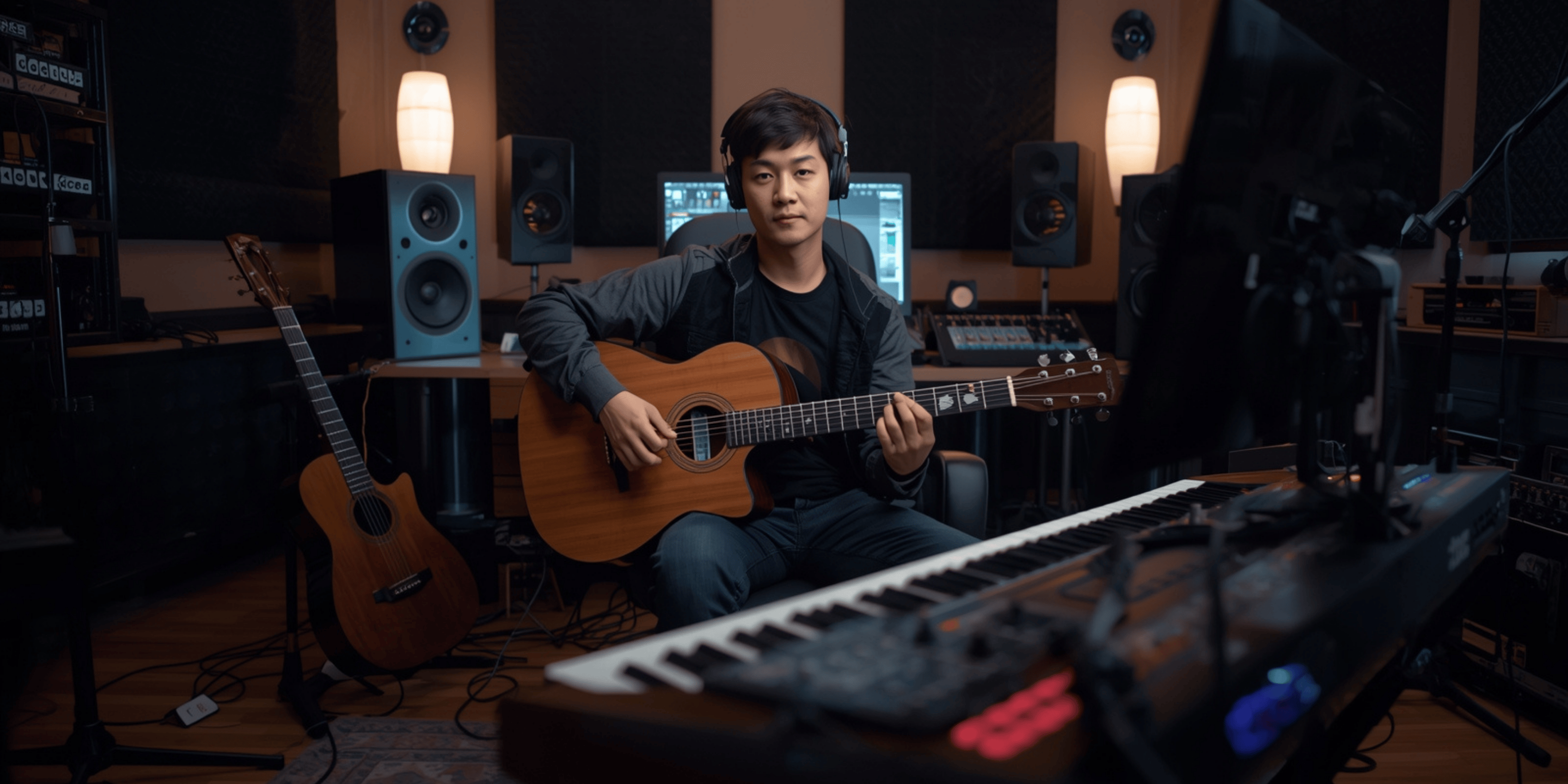 Musisi sedang membuat aransemen lagu di studio hangat menggunakan laptop dan alat musik digital.