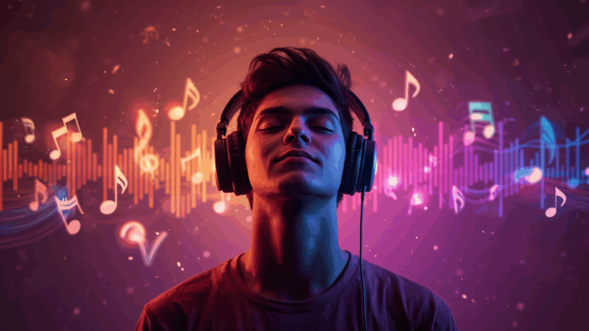 Pendengar musik muda Indonesia menikmati lagu dari artis baru dengan musik unik dan segar di kafe modern.