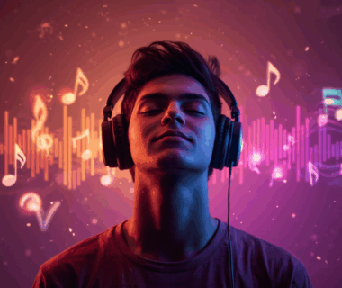 Pendengar musik muda Indonesia menikmati lagu dari artis baru dengan musik unik dan segar di kafe modern.