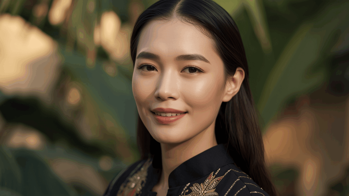 Potret artis Indonesia berpenampilan natural dengan kebaya modern dan senyum lembut.