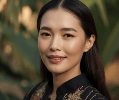 Potret artis Indonesia berpenampilan natural dengan kebaya modern dan senyum lembut.