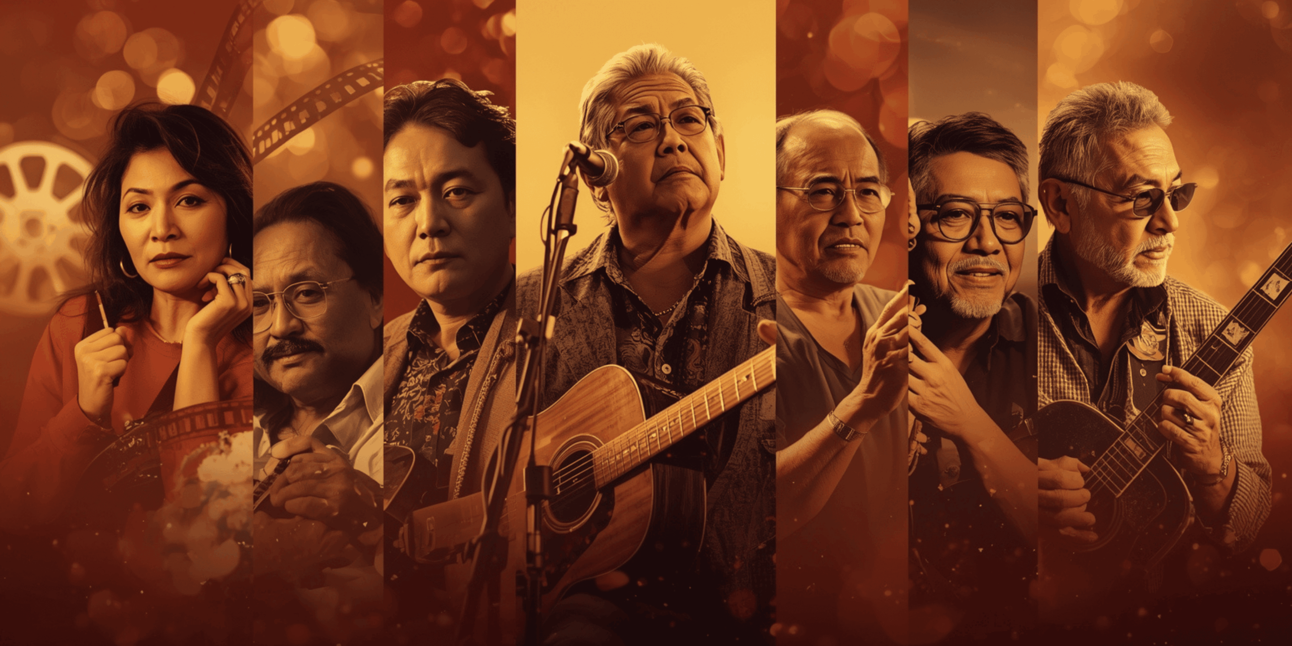 Kolase tujuh artis senior Indonesia yang masih aktif berkarya dengan gaya retro modern