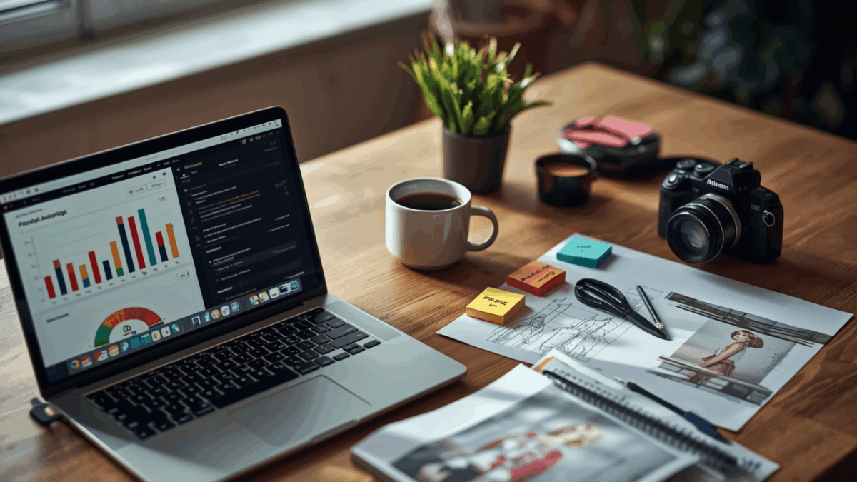 Meja kerja kreatif dengan laptop, catatan strategi branding, dan kopi hangat.
