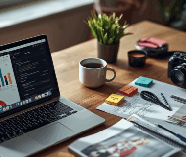 Meja kerja kreatif dengan laptop, catatan strategi branding, dan kopi hangat.
