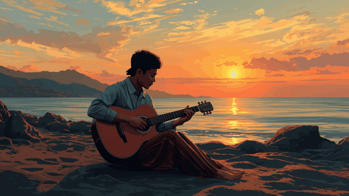 Musisi Indonesia menulis lagu di tepi pantai Bali saat matahari terbenam dengan gitar akustik.