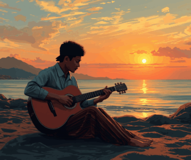 Musisi Indonesia menulis lagu di tepi pantai Bali saat matahari terbenam dengan gitar akustik.