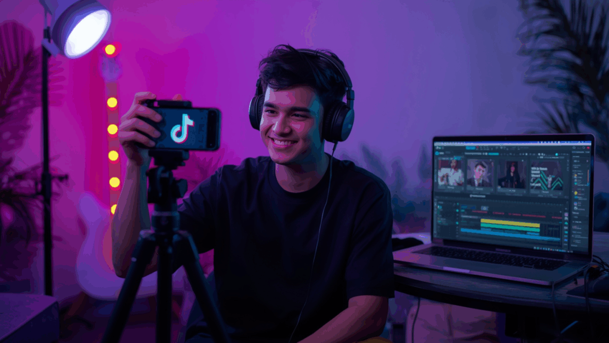 Musisi muda Indonesia sedang membuat video promosi lagu di TikTok di studio musik modern dengan lampu LED berwarna ungu dan biru.