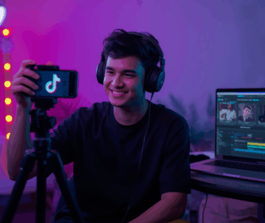 Musisi muda Indonesia sedang membuat video promosi lagu di TikTok di studio musik modern dengan lampu LED berwarna ungu dan biru.