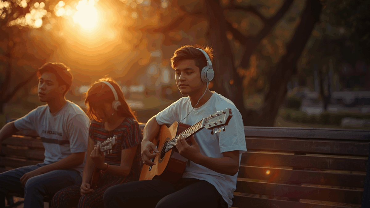 Anak muda menikmati musik di taman saat senja dengan suasana hangat.