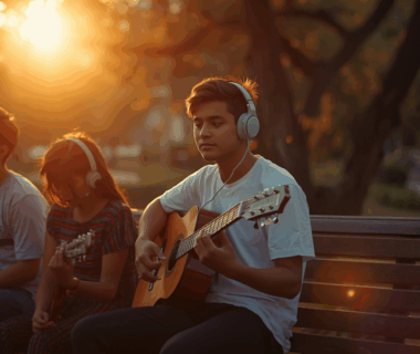 Anak muda menikmati musik di taman saat senja dengan suasana hangat.