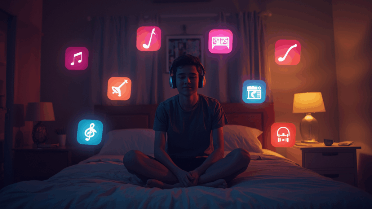 Seseorang duduk di kamar dengan headphone, dikelilingi ikon bercahaya berbagai genre musik seperti pop, rock, jazz, dan EDM.