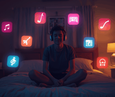 Seseorang duduk di kamar dengan headphone, dikelilingi ikon bercahaya berbagai genre musik seperti pop, rock, jazz, dan EDM.