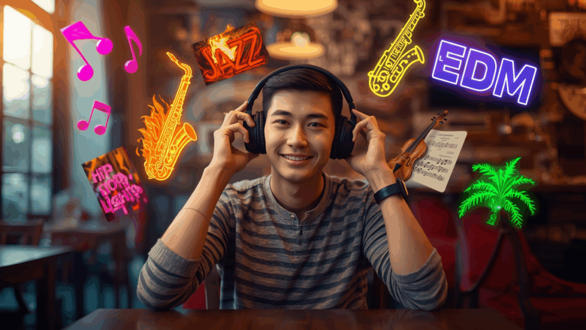 Pria muda Indonesia sedang mendengarkan berbagai genre musik di kafe dengan visual simbol musik berwarna.