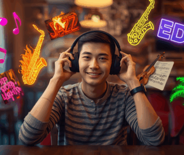 Pria muda Indonesia sedang mendengarkan berbagai genre musik di kafe dengan visual simbol musik berwarna.